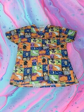 Ladies size small Halloween collage print scrub top